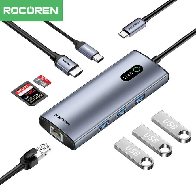 روكورين أورورا موزع USB-C متعدد المنافذ 8 في 1 بدقة 4K وشحن 100 واط