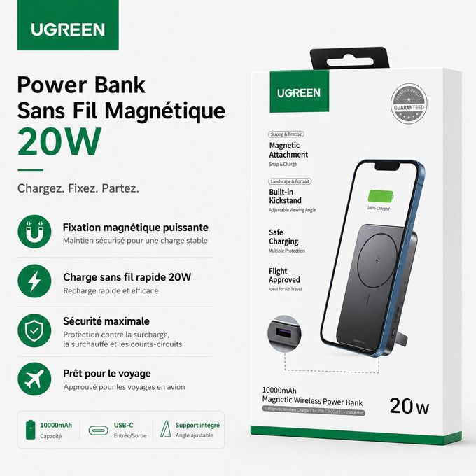 UGREEN Power Bank Magnétique Sans Fil 10000mAh 20W MagSafe avec Support Intégré Maroc