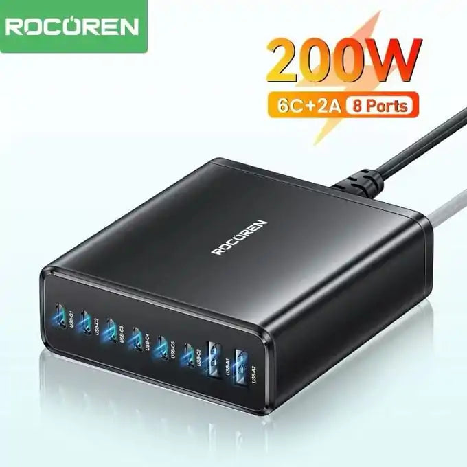 Station de Charge Rapide Rocoren 200W - 8 Ports (6 USB-C + 2 USB-A)