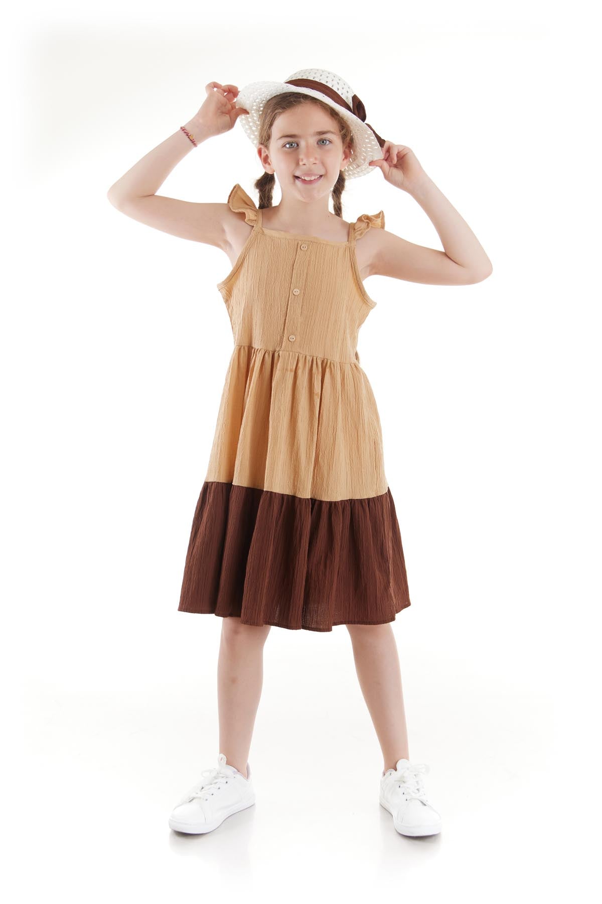 <tc>Robe d'été en coton avec boutons et chapeau pour fille</tc>