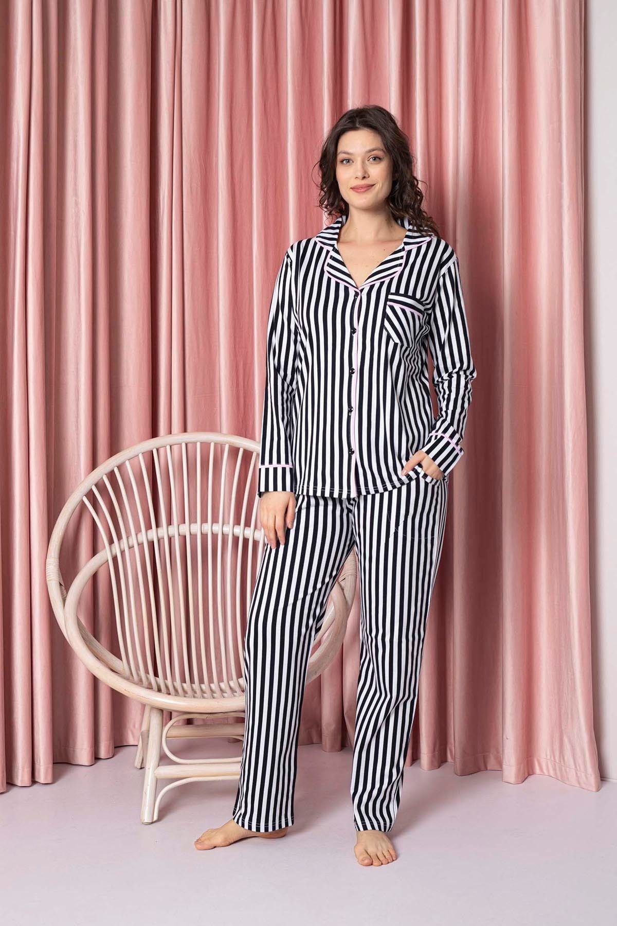 <tc>Pyjama Femme Ensemble Suprem Manches Longues à Rayures Col Claudine Boutonné sur Toute la Longueur Coton Saisonnière Modèle W20592298</tc>