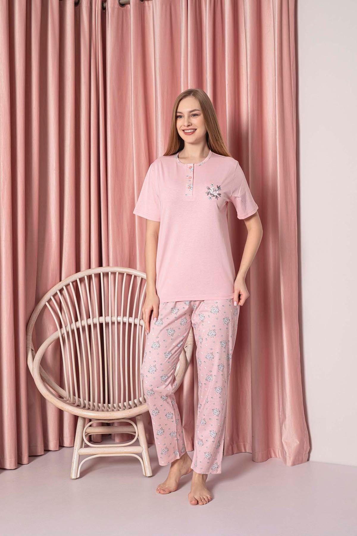 kadin pijama takimi süprem kisa kollu çiçek desenli pamuklu w30062330