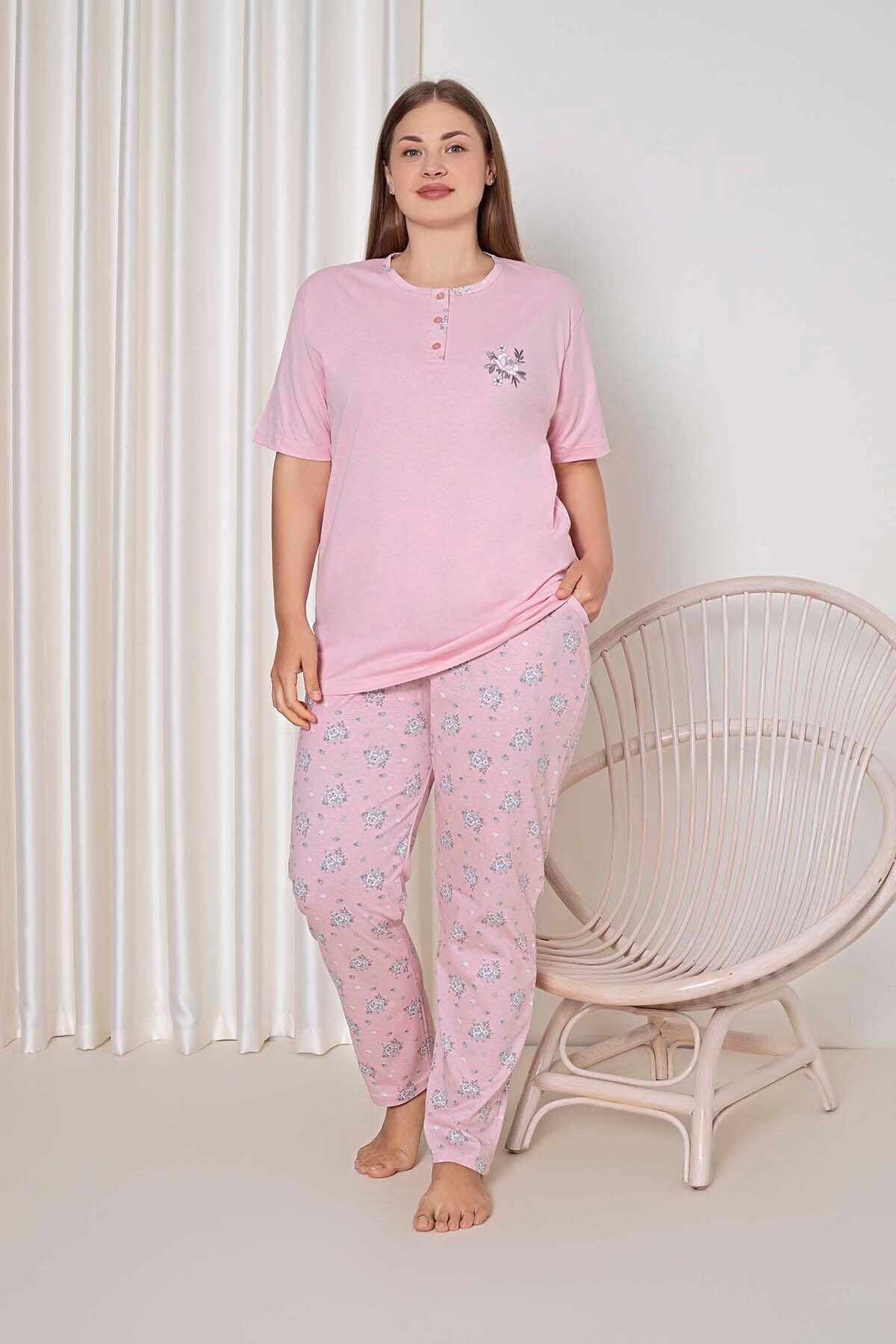 kadin pijama takimi battal süprem kisa kollu küçük çiçek desenli w40092348