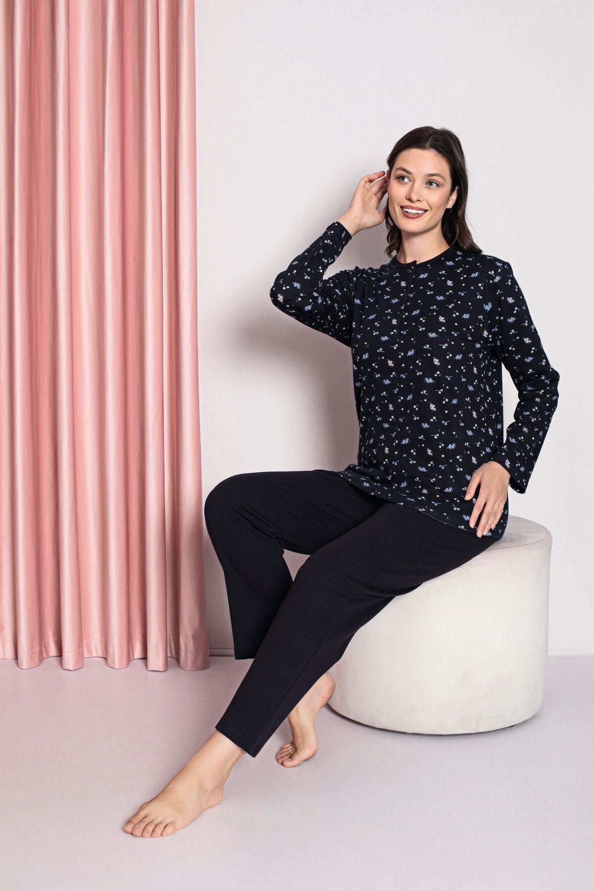 <tc>Pyjama Femme Ensemble Interlock Trois Boutons Haut à Motifs Floraux Fins Coton Saisonnière Modèle W30022257</tc>