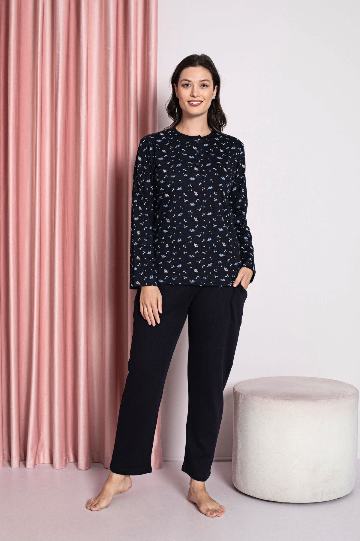 <tc>Pyjama Femme Ensemble Interlock Trois Boutons Haut à Motifs Floraux Fins Coton Saisonnière Modèle W30022257</tc>