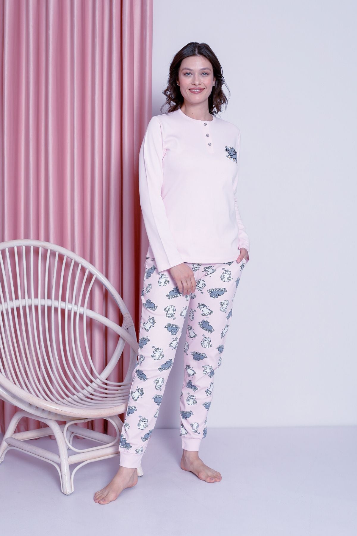 <tc>Pyjama Femme Jeune Ensemble Interlock à Motif Chat Bas avec Poignets Coton Saisonnière Modèle W20492256</tc>