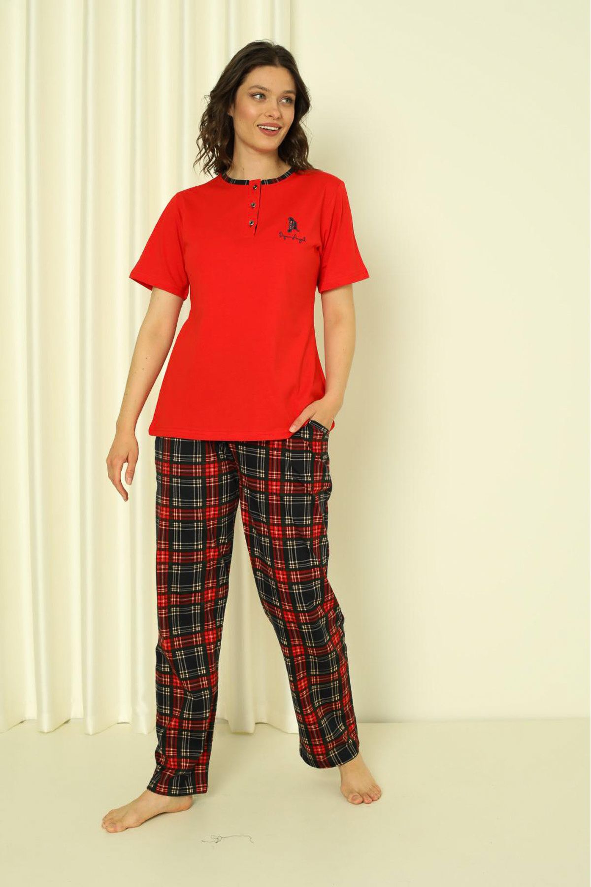 <tc>Pyjama Femme Ensemble Manches Courtes Bas à Petits Carreaux Coton Saisonnière Modèle W20312300</tc>