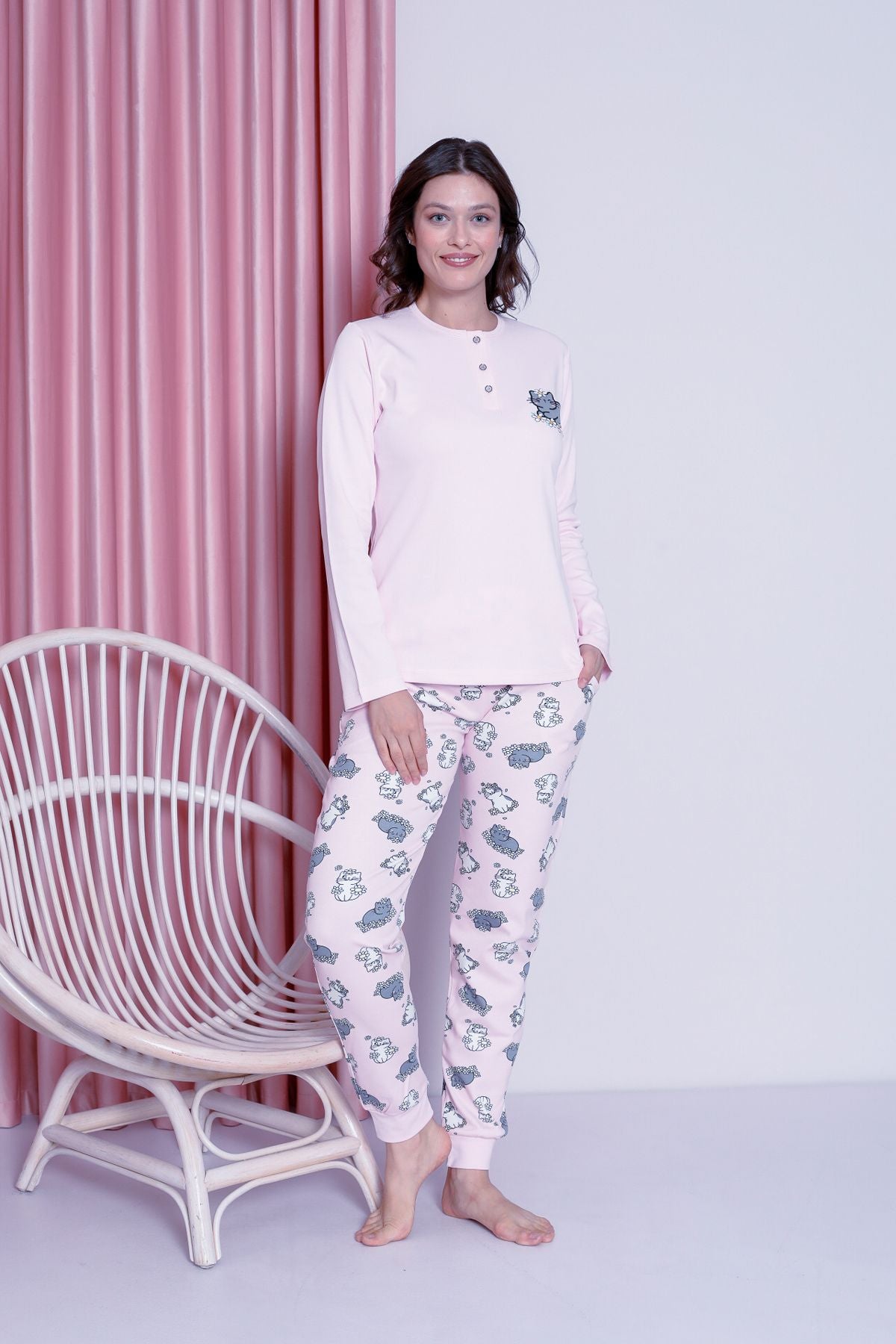 <tc>Pyjama Femme Jeune Ensemble Interlock à Motif Chat Bas avec Poignets Coton Saisonnière Modèle W20492256</tc>