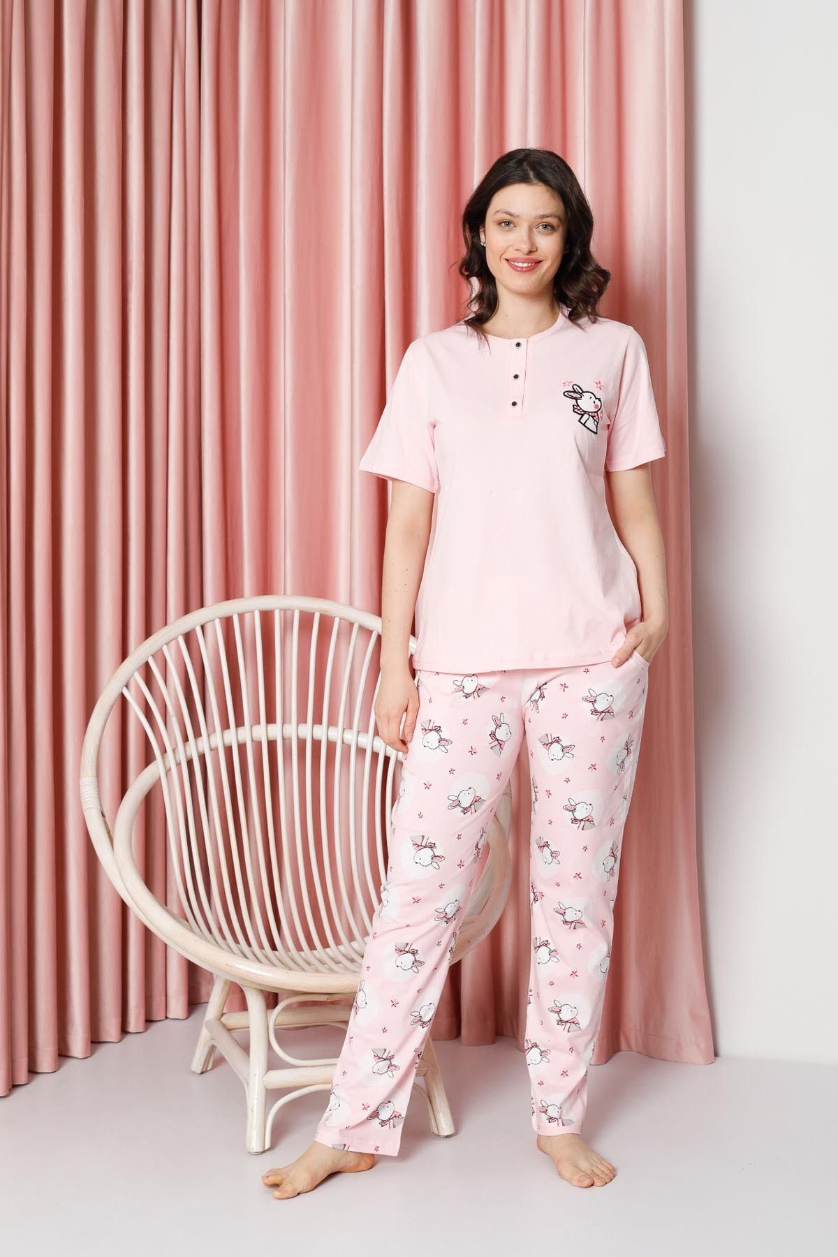 <tc>Pyjama Femme Ensemble Manches Courtes à Motif Lapin Coton Suprême Modèle W20642317</tc>