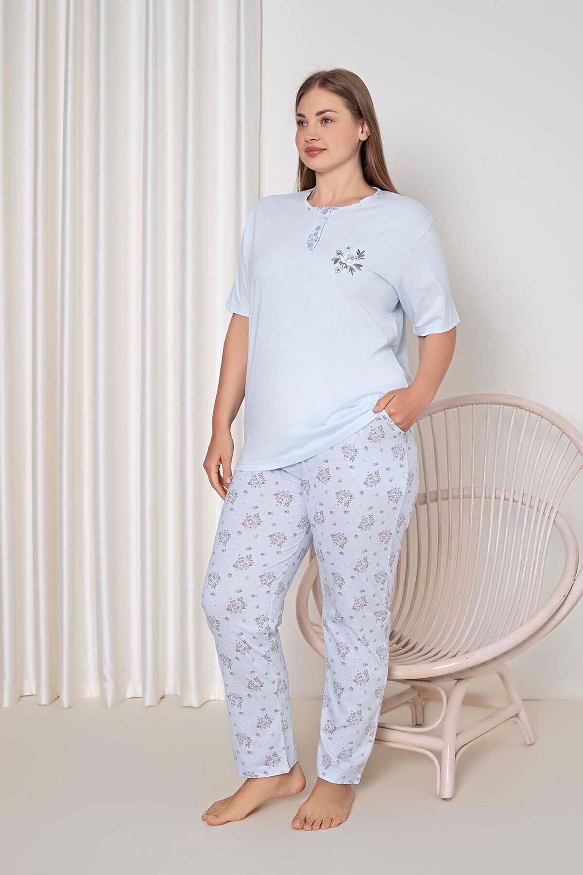 kadin pijama takimi battal süprem kisa kollu küçük çiçek desenli w40092348