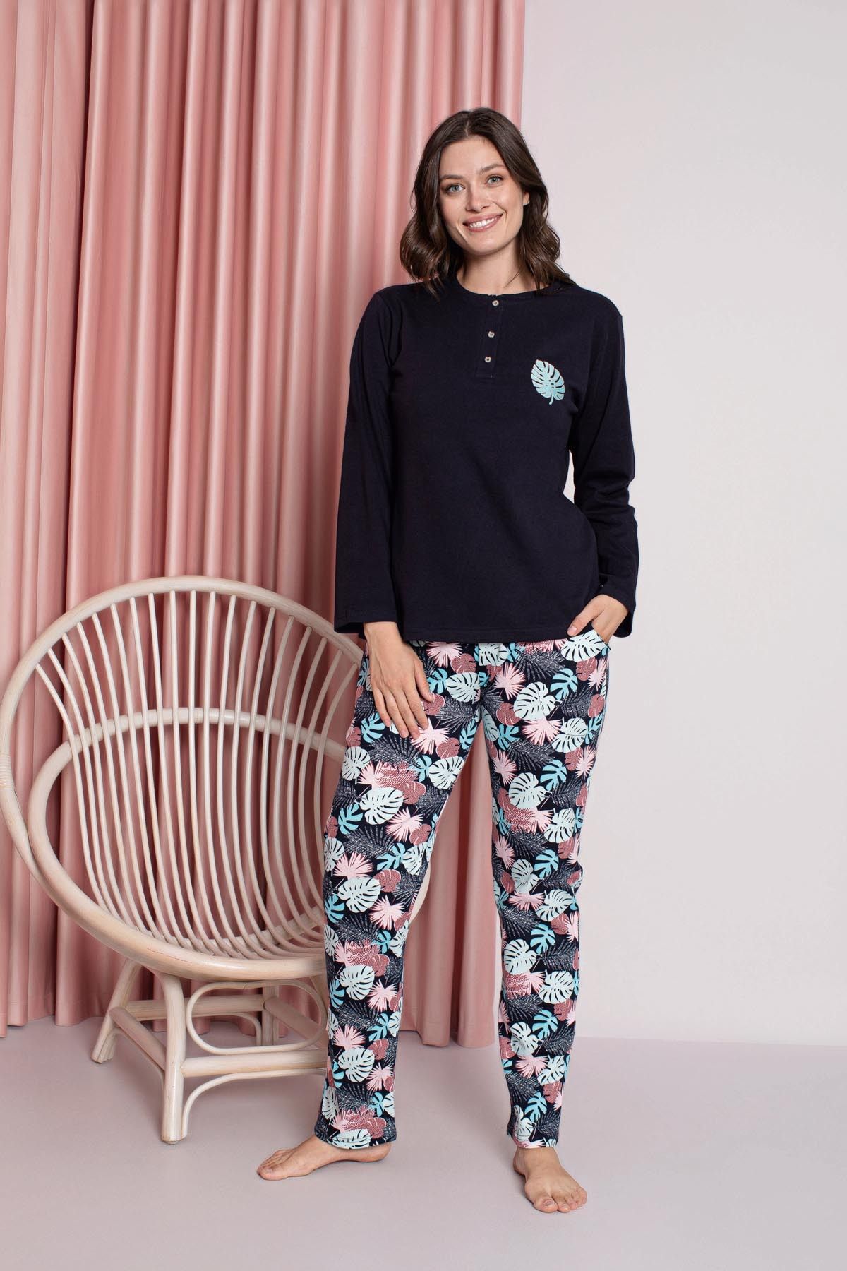 <tc>Pyjama Femme Ensemble Interlock à Motifs Feuilles Trois Boutons Coton Saisonnière Modèle W20362294</tc>