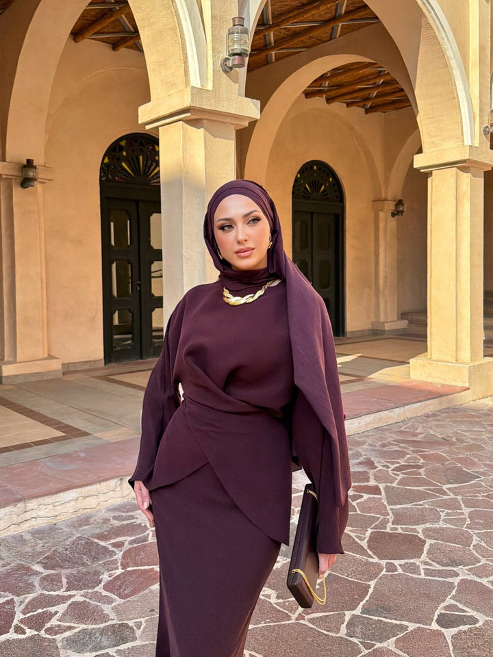 طقم نسائي شيك 2 قطع تونيك + تنورة طويلة قماش تينسل فاخر