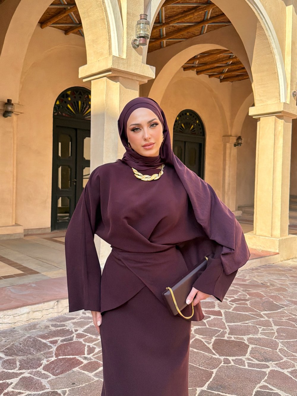 طقم نسائي شيك 2 قطع تونيك + تنورة طويلة قماش تينسل فاخر