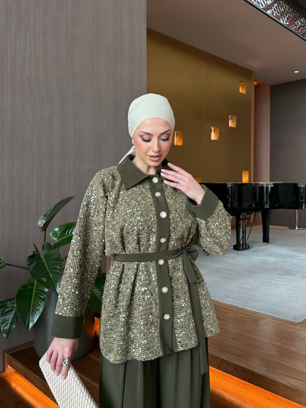 طقم نسائي شيك 2 قطع جاكيت + بنطلون مريح قماش ساندي أنيق