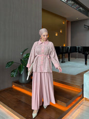 طقم نسائي شيك 2 قطع جاكيت + بنطلون مريح قماش ساندي أنيق