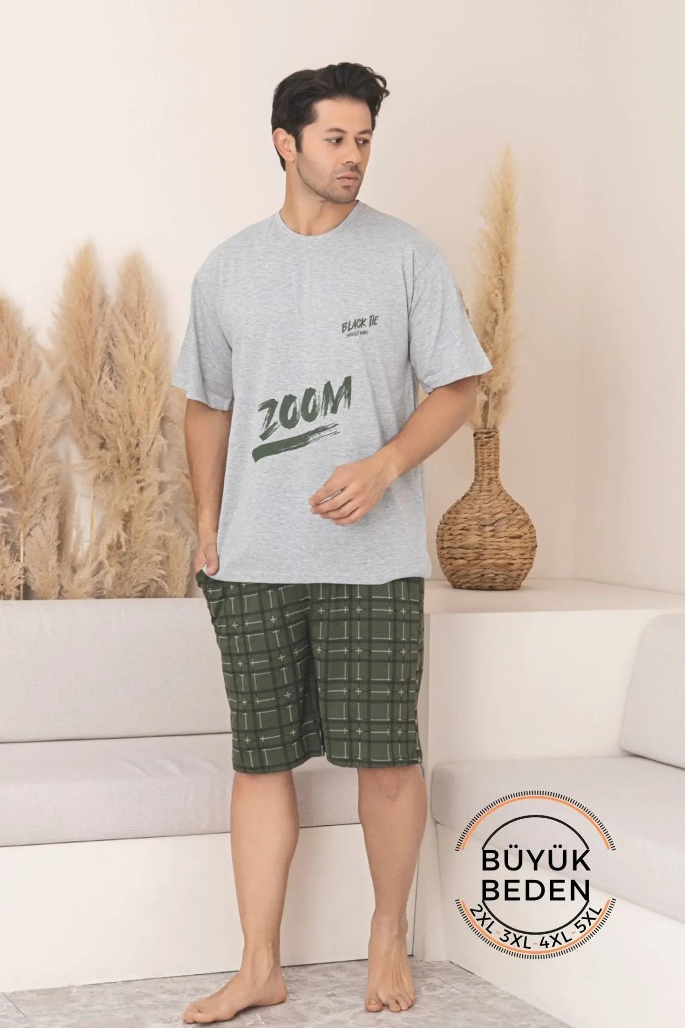 büyük beden pamuklu cepli kisa kollu şortlu erkek pijama takimi - Justyol