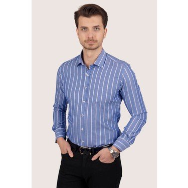 Mavi Beyaz Çizgili Slimfit Kutulu Gömlek - Justyol