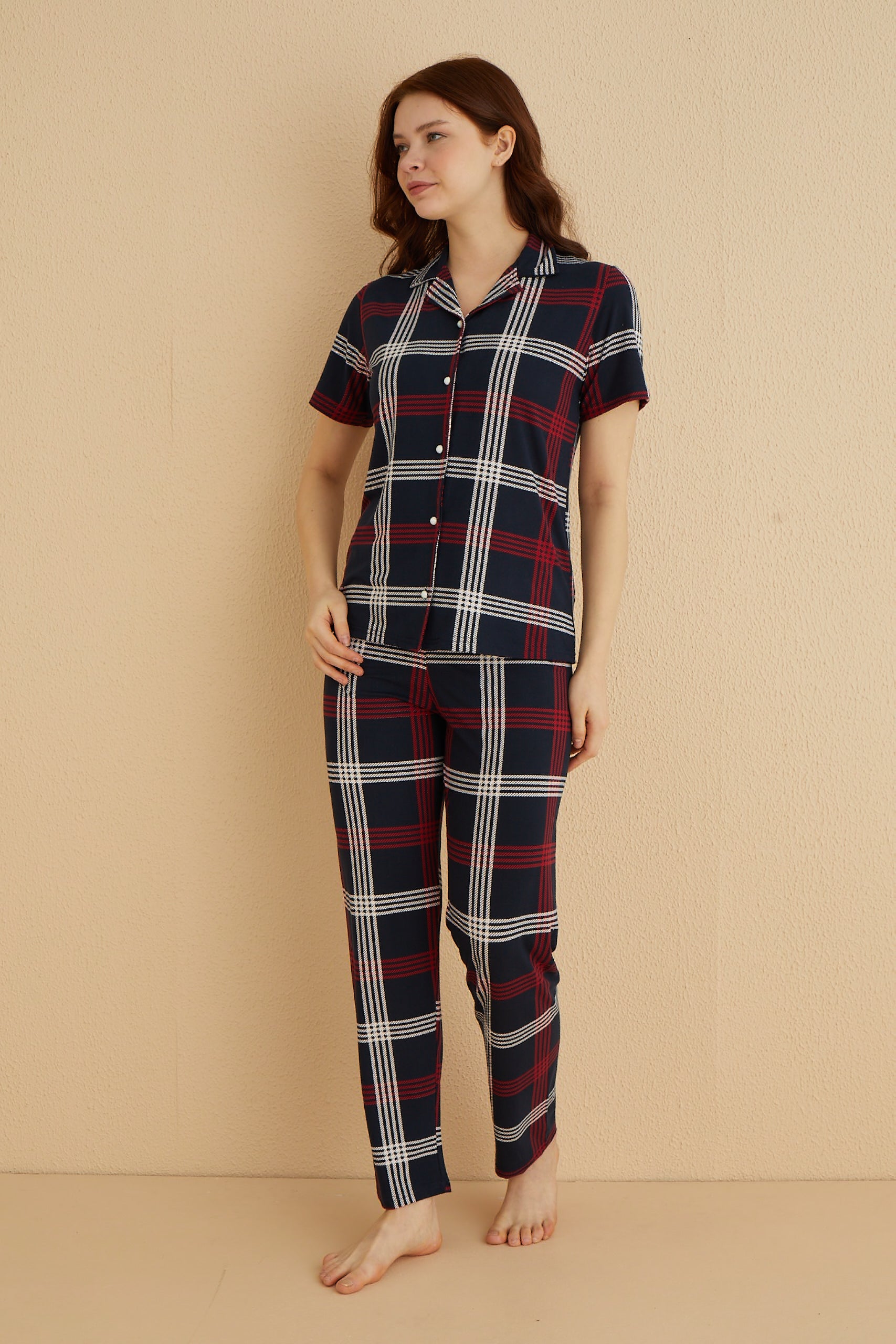 <tc>Ensemble de pyjama à manches courtes en tissu bambou à carreaux, Dreamy Milan.</tc>