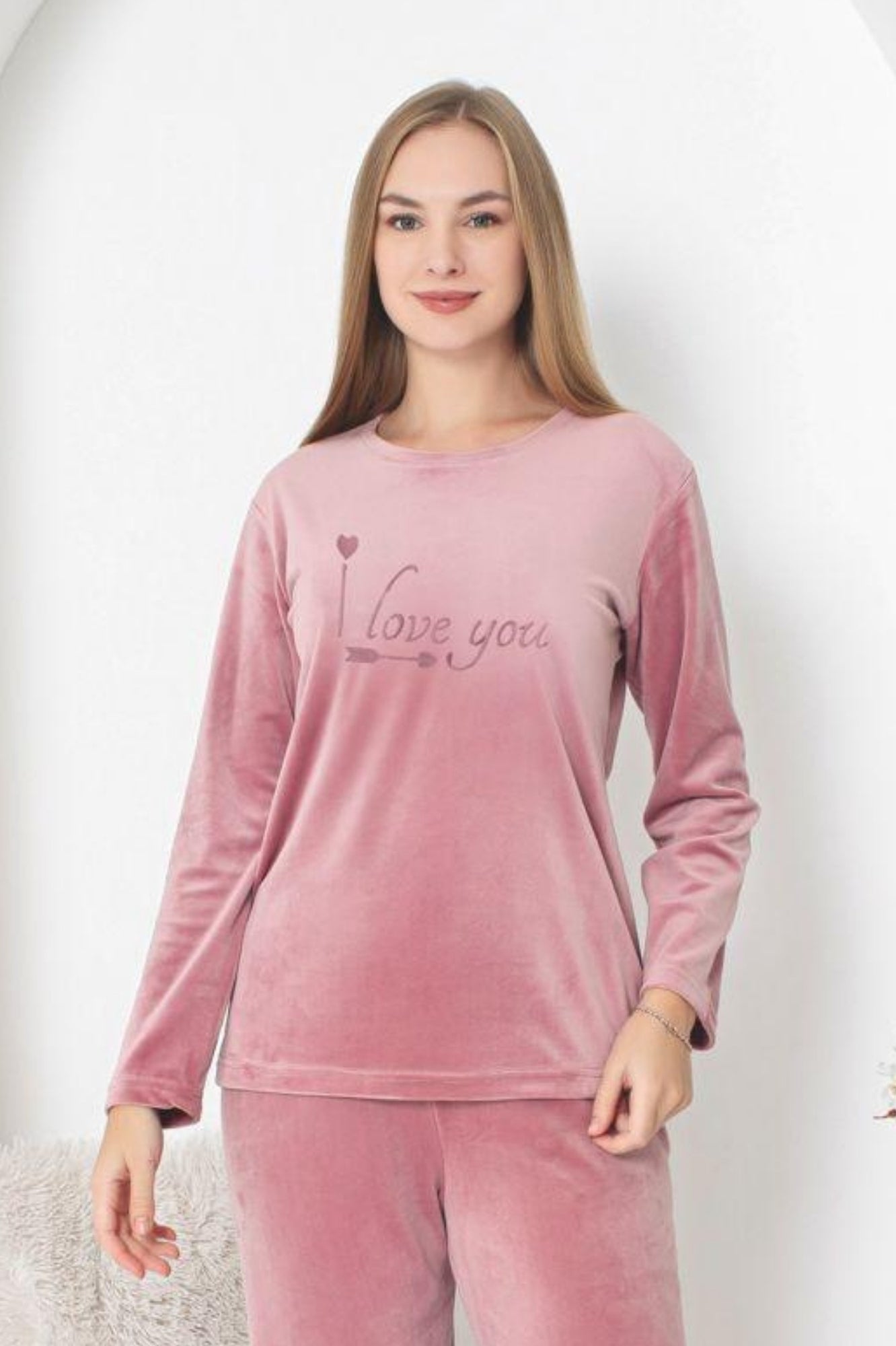 <tc>Ensemble de pyjama en velours Dreamy avec écriture en relief et manches élastiquées - rose</tc>