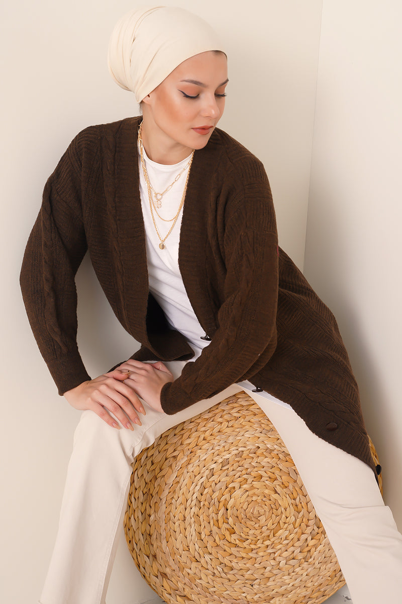 Gilet Long en Maille Tressée Femme Modeste
