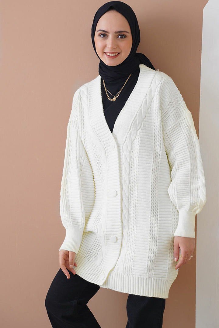 Gilet Long en Maille Tressée Femme Modeste