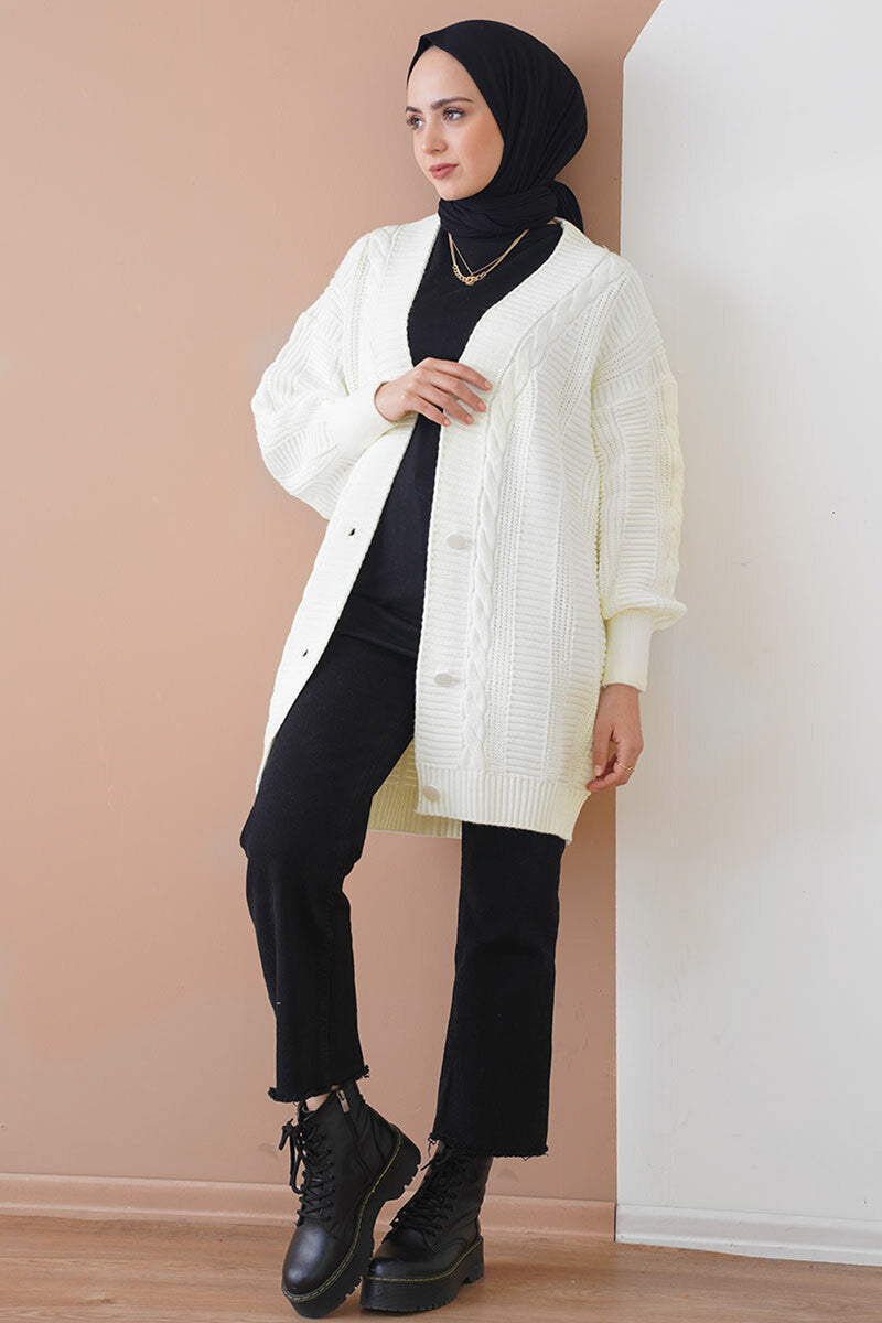 Gilet Long en Maille Tressée Femme Modeste