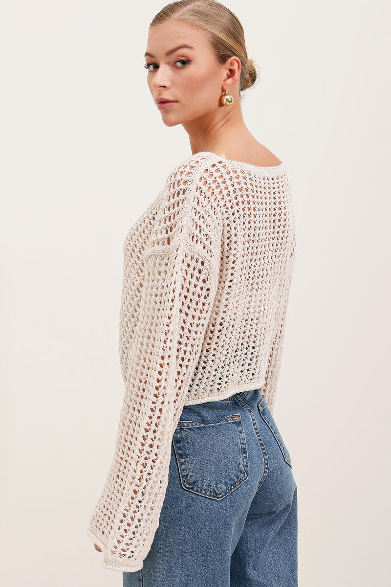 Cardigan crop oversize ajouré 100% coton – Gilet tricot léger à nouer pour femme