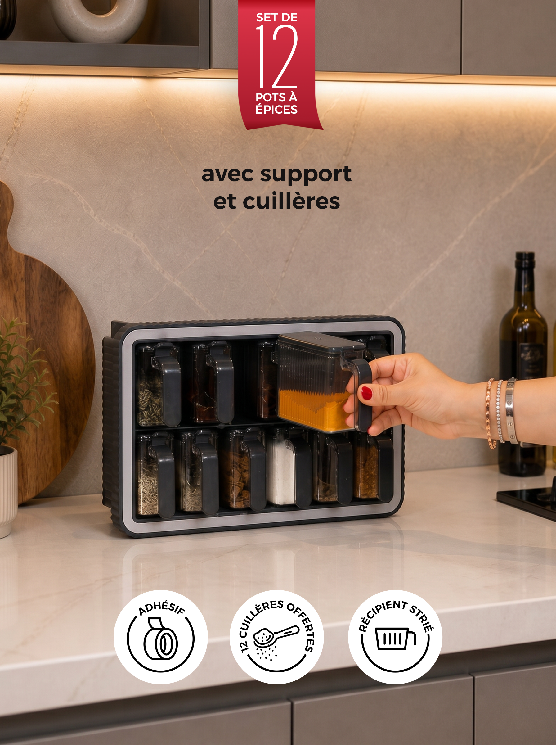 Set de 12 pots à épices avec support, couvercle auto-adhésif, cuillère intégrée et étiquettes – Pots à épices avec poignée