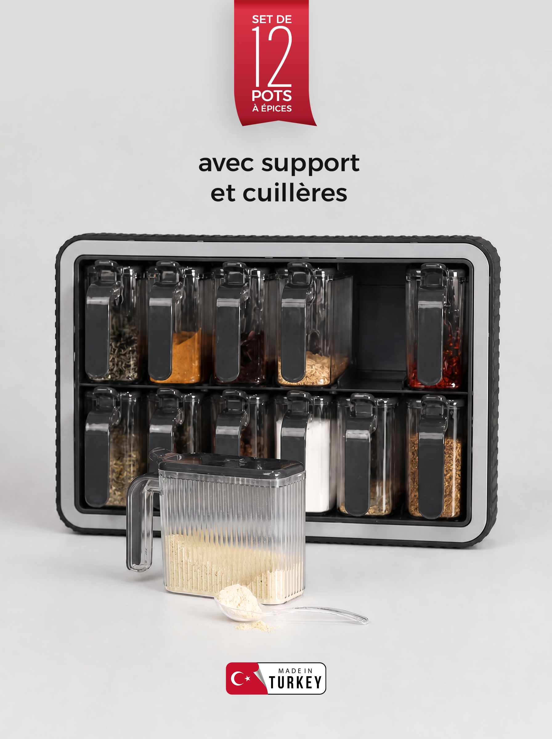 Set de 12 pots à épices avec support, couvercle auto-adhésif, cuillère intégrée et étiquettes – Pots à épices avec poignée