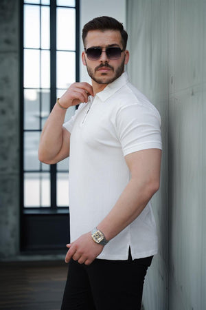 likrali örme yarim fermuar polo yaka erkek tişört - Justyol