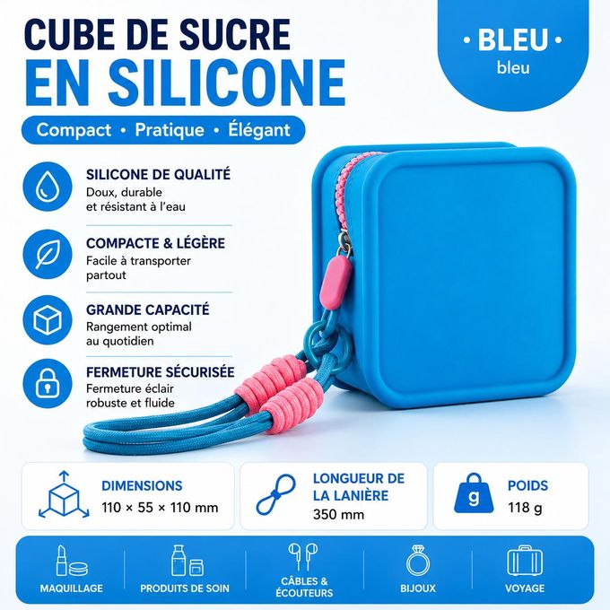 Mini pochette carrée en silicone avec fermeture éclair et lanière