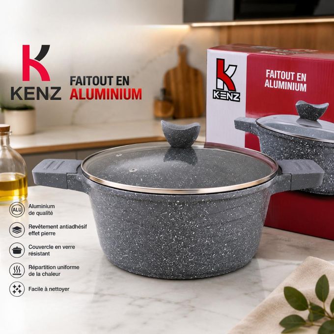 Kenz Faitout en Aluminium 24 cm Couvercle en Verre et Revêtement Granit Antiadhésif,