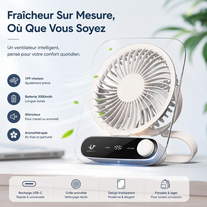 Mini Ventilateur de Bureau USB Rechargeable 3000mAh 199 Vitesses