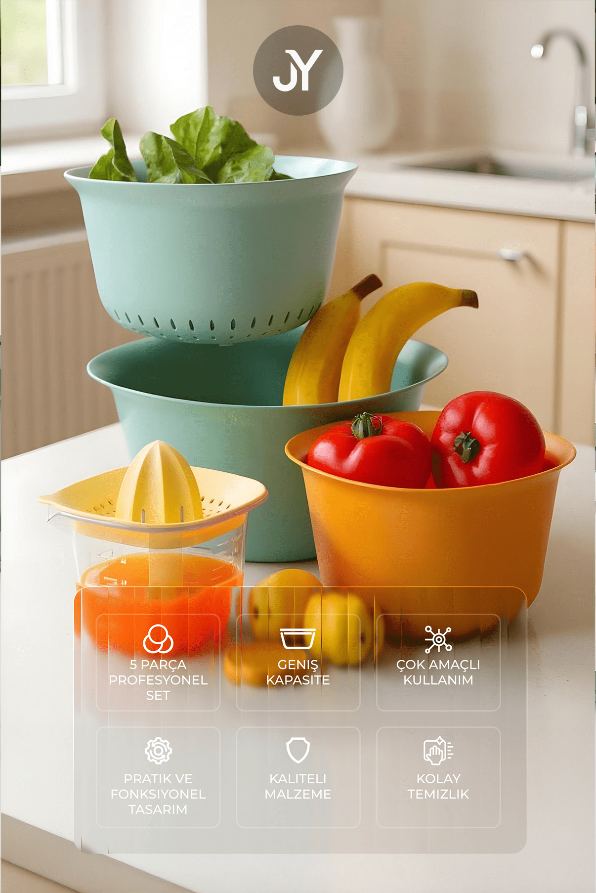 5'li Aura Profesyonel Hazırlık Seti - Karıştrıma Kasesi Süzgeç Limon Sıkacağı Seti - Süzgeci 3200 Ml - Justyol