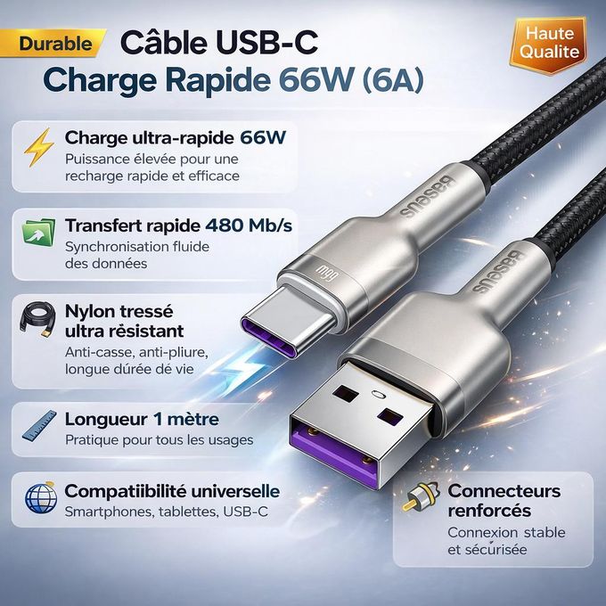 Baseus Cafule Câble USB-C Charge Rapide 66W 6A 1m