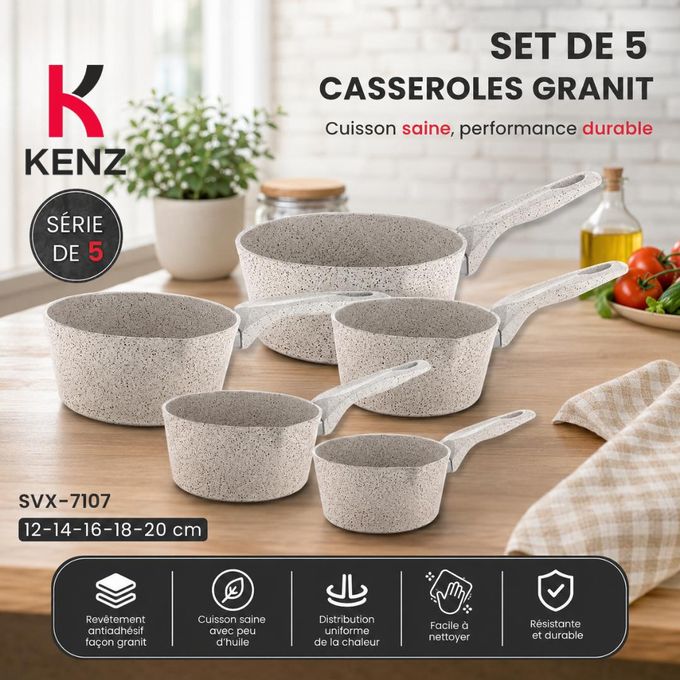 Kenz 5 Casseroles en Aluminium Granit Antiadhésif Poignées Bakélite