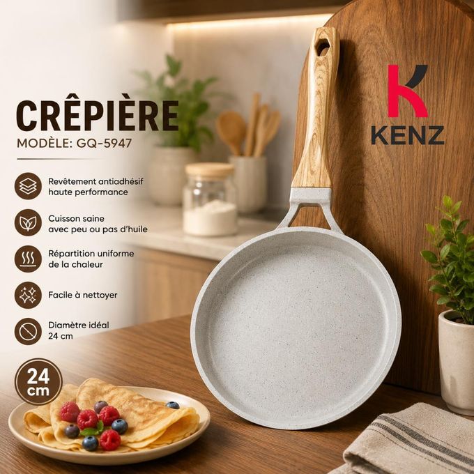 Kenz Poêle à Crêpes 24 cm Antiadhésive Effet Pierre en Aluminium