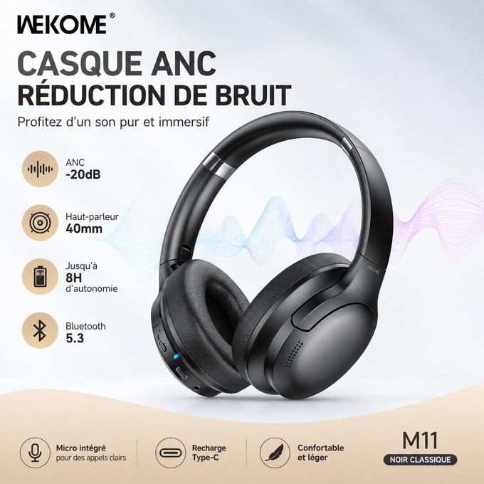 Casque Bluetooth 5.3 ANC Sans Fil HiFi avec Micro et Réduction de Bruit