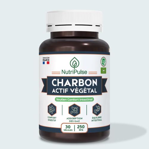 NutriPulse Charbon Végétal Activé 250 mg – Charbon Actif, Carvi & Fenouil – Confort Digestif, Adsorption des Gaz & Équilibre Intestinal – 30 Gélules