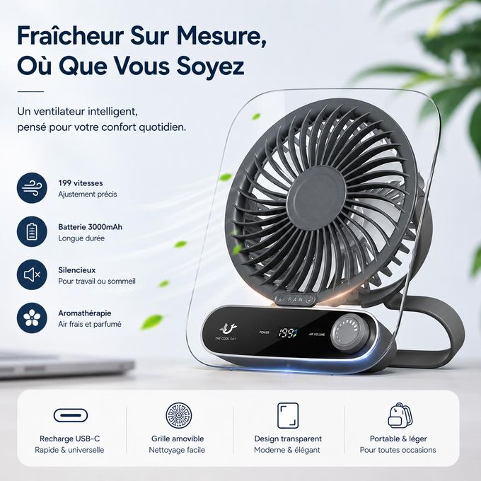 Mini Ventilateur de Bureau USB Rechargeable 3000mAh 199 Vitesses