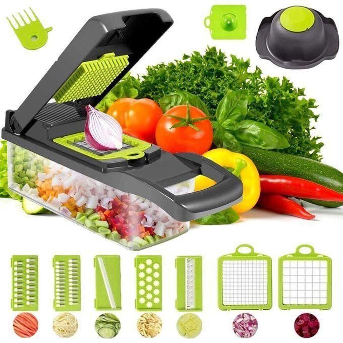 Coupe Légumes Multifonction 11 en 1 – Mandoline Hachoir & Râpe avec 7 Lames Inox Interchangeables + Récipient – Trancheuse Manuelle pour Salades, Oignons, Pommes de Terre et Fruits