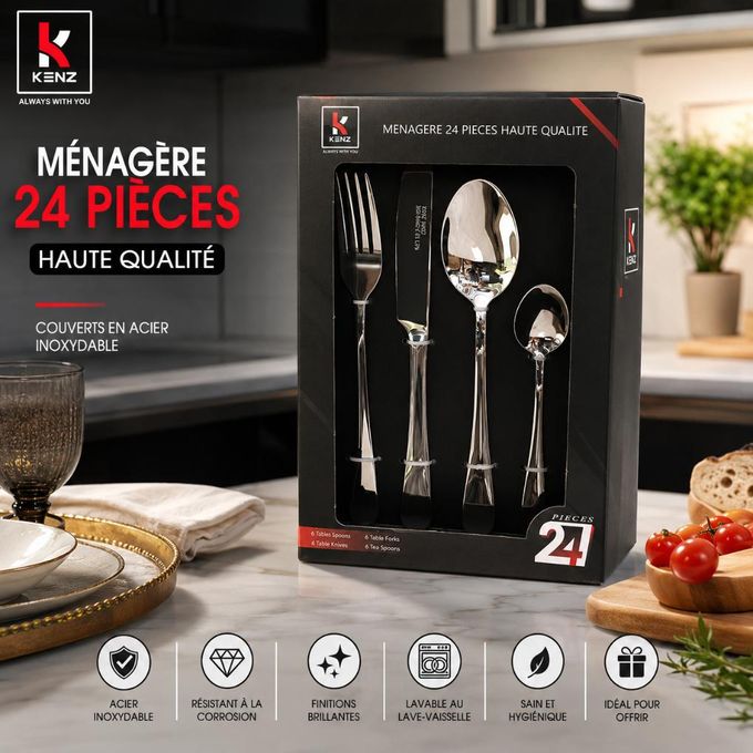 Kenz Ménagère 24 Pièces en Acier Inoxydable Haute Qualité pour 6 Personnes