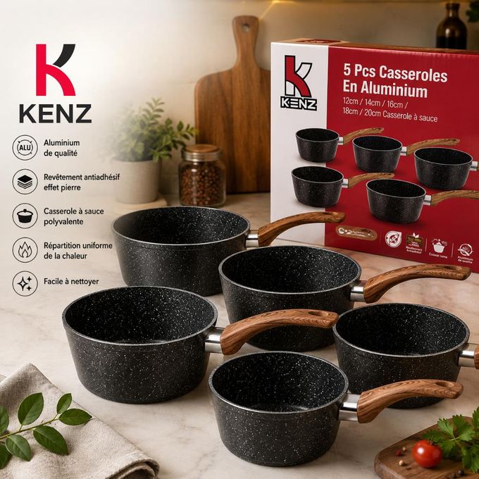 Kenz Set de 5 Casseroles en Aluminium Revêtement Granit Antiadhésif