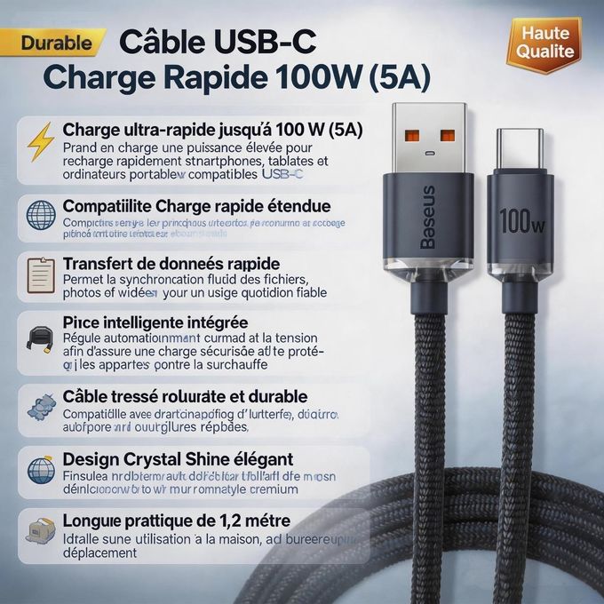 Baseus Crystal Shine Câble USB-C Charge Rapide 100W 1,2m
