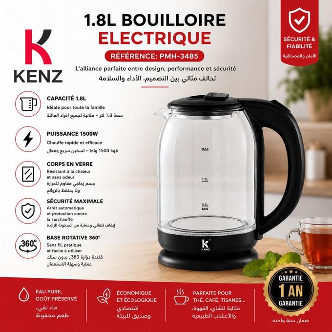 Kenz Bouilloire Électrique 1,8 L en Verre