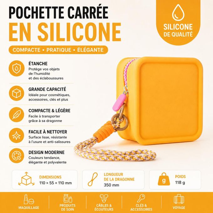Mini pochette carrée en silicone avec fermeture éclair et lanière