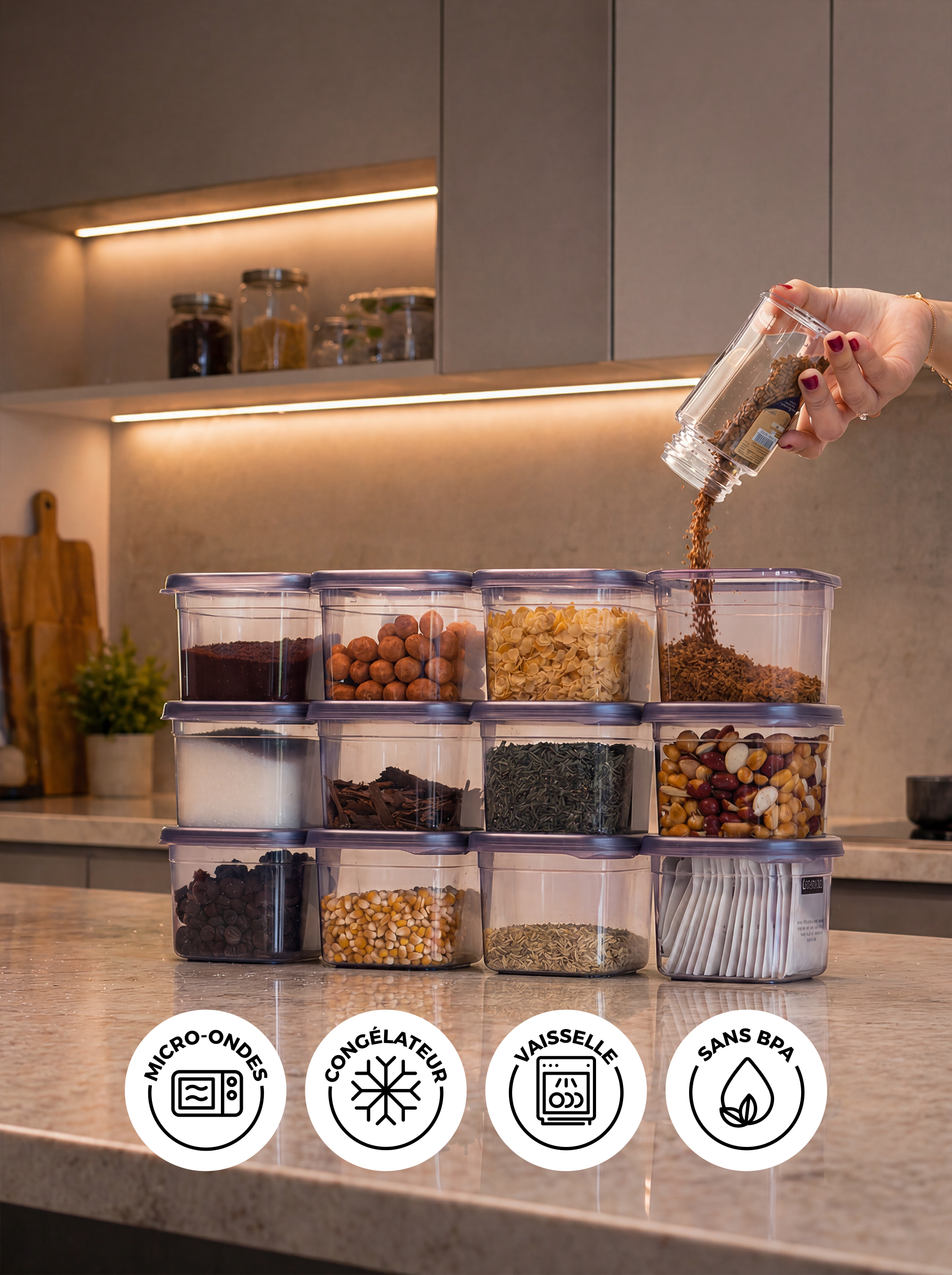 Set de 12 pots à épices anthracite 555 ml avec étiquettes