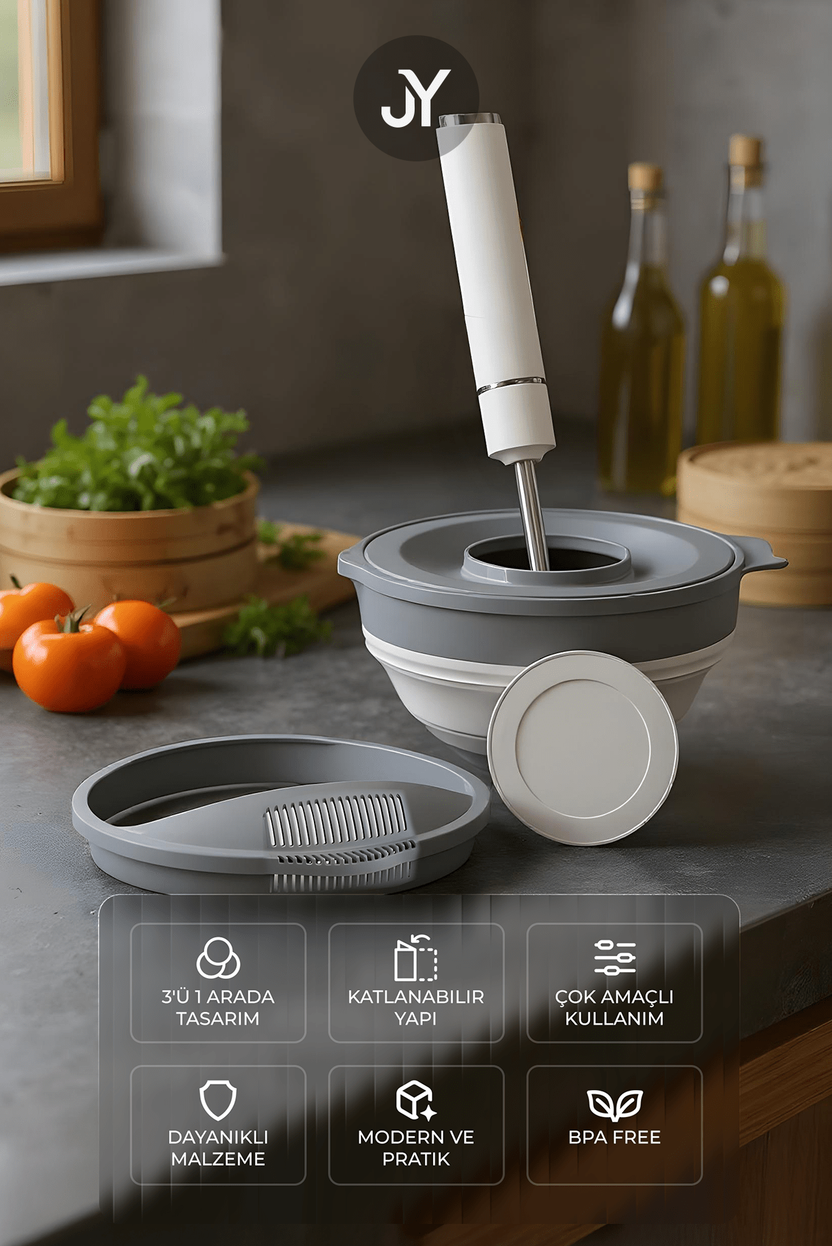 3'ü 1 Arada Katlanabilen Mikser Karıştırma Kabı, Süzgeç, Badya 4 Parça Mutfak Hazırlık ve Çeyiz Seti - Justyol