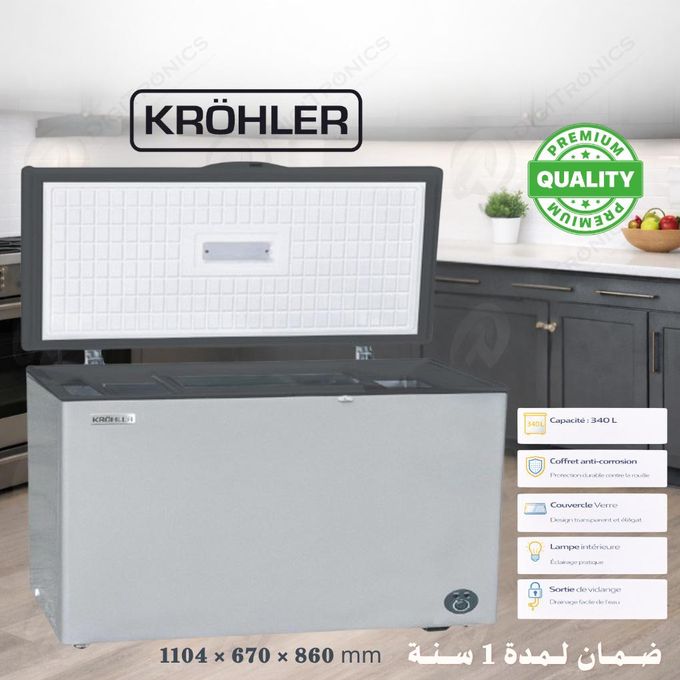 KRÖHLER Congélateur Coffre 340 L Couvercle Verre, Lampe intérieure avec Sécurité, KCT-340-SF-G