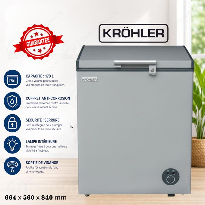 KRÖHLER Congélateur Coffre 170 L Couvercle Verre, Lampe intérieure avec Sécurité, KCT-170-SF-G